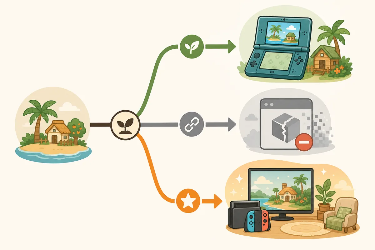 Editorial decision map showing original 3DS Tomodachi Life, Citra project context, and Switch-era Living the Dream as separate paths