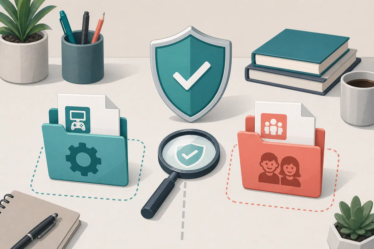 Editorial safety illustration with a shield, file folder, magnifying glass, and separated emulator and game-file symbols