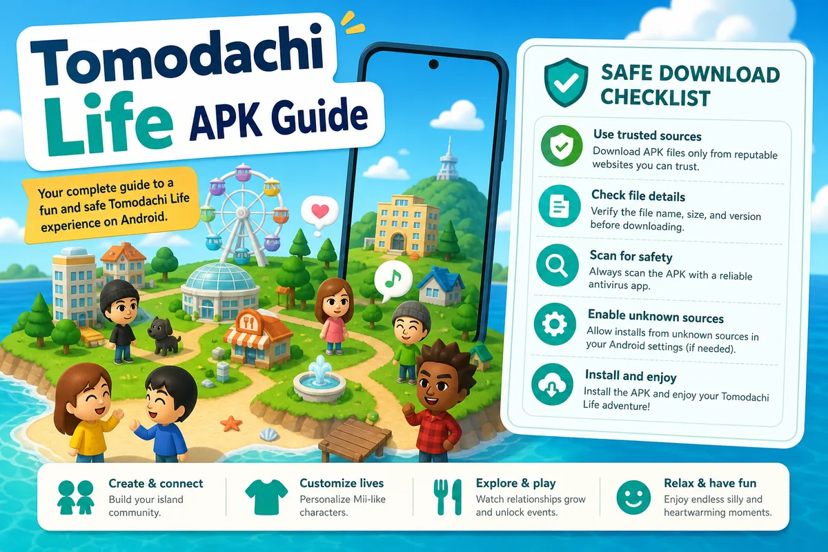 Tomodachi Life APK guide illustration showing Android APK checks and platform verification