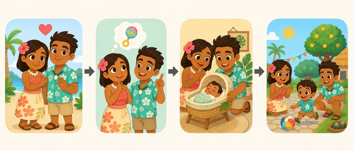 Editorial step-flow illustration of married Mii partners, baby request, baby arrival, and child joining island life