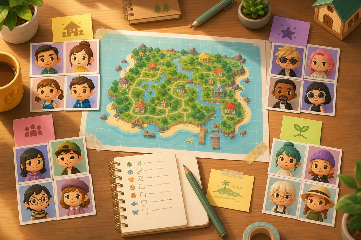 Editorial illustration of a Tomodachi Life island map surrounded by planned Mii character portraits and checklist notes