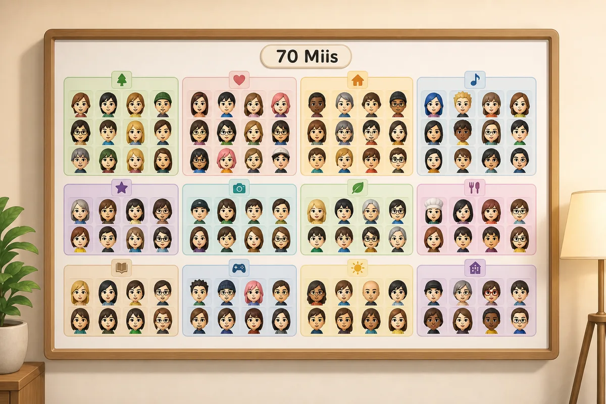 Editorial guide illustration of a Tomodachi Life character board organized around a 70 Mii island limit