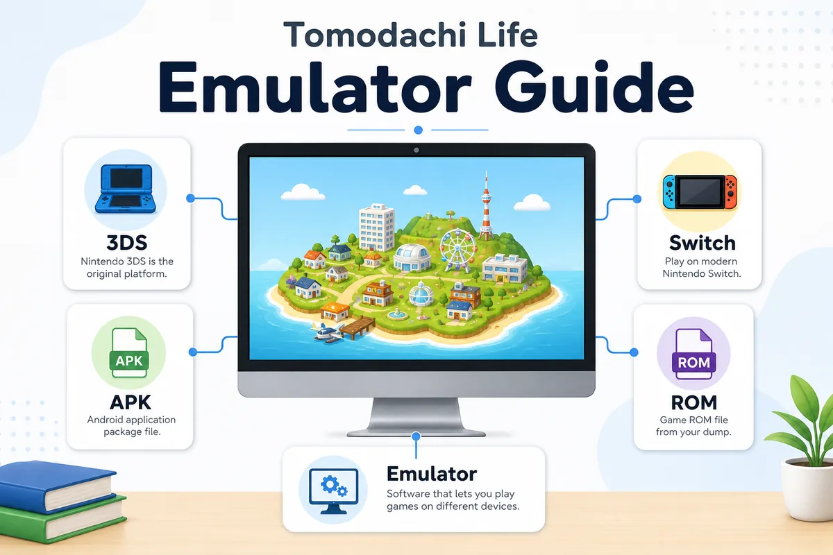 Tomodachi Life emulator guide illustration comparing 3DS Switch APK ROM and emulator terms