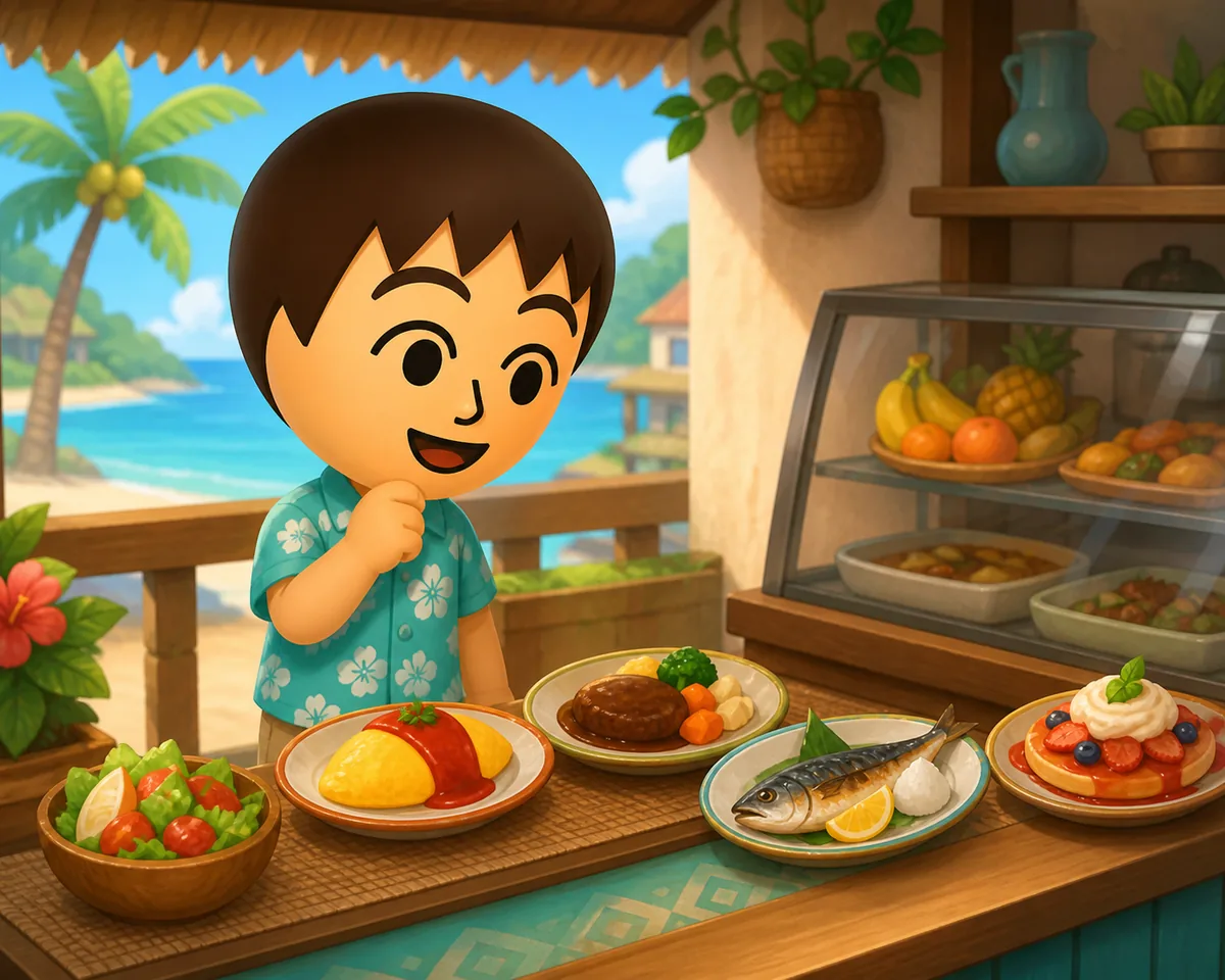 Redaktionelle Illustration eines Tomodachi-Life-Bewohners, der in einem Insel-Laden Essen auswählt