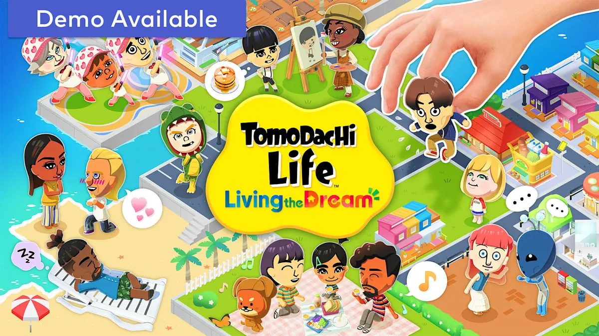 Official Tomodachi Life Living the Dream artwork showing Miis around a colorful island