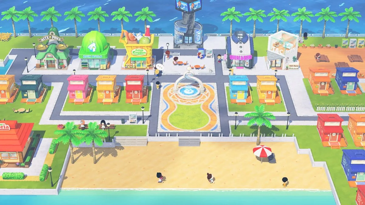 Official overhead gameplay screenshot of a Tomodachi Life Living the Dream island
