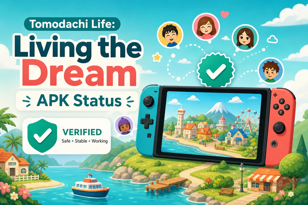 Tomodachi Life Living the Dream APK status illustration with Switch platform context