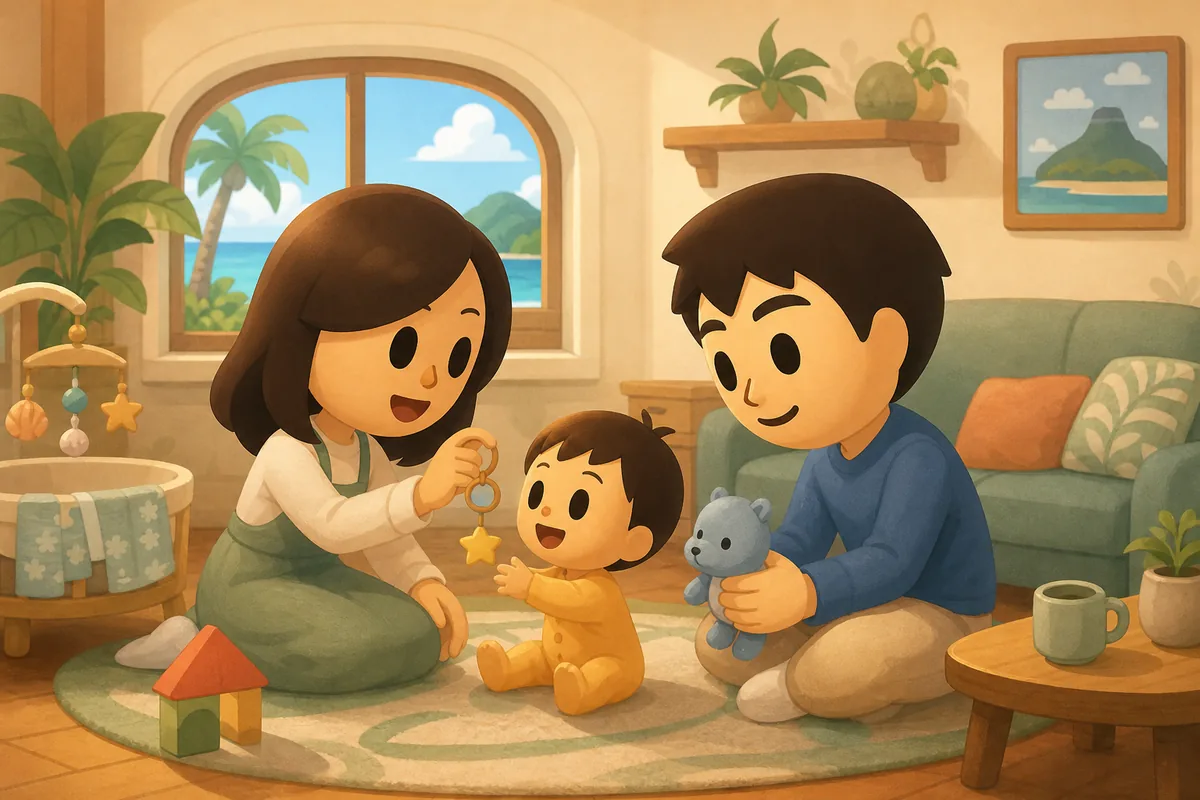 Editorial illustration of a Tomodachi Life island family scene representing babies and children in Living the Dream