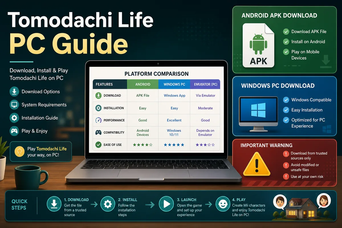 Tomodachi Life PC download guide illustration comparing APK and desktop platforms