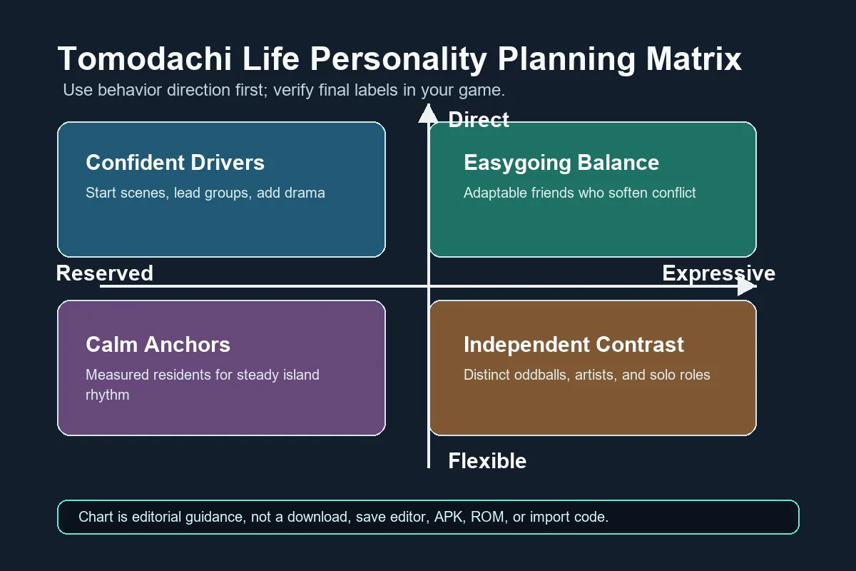 Tomodachi Life personality chart showing four personality groups and behavior axes