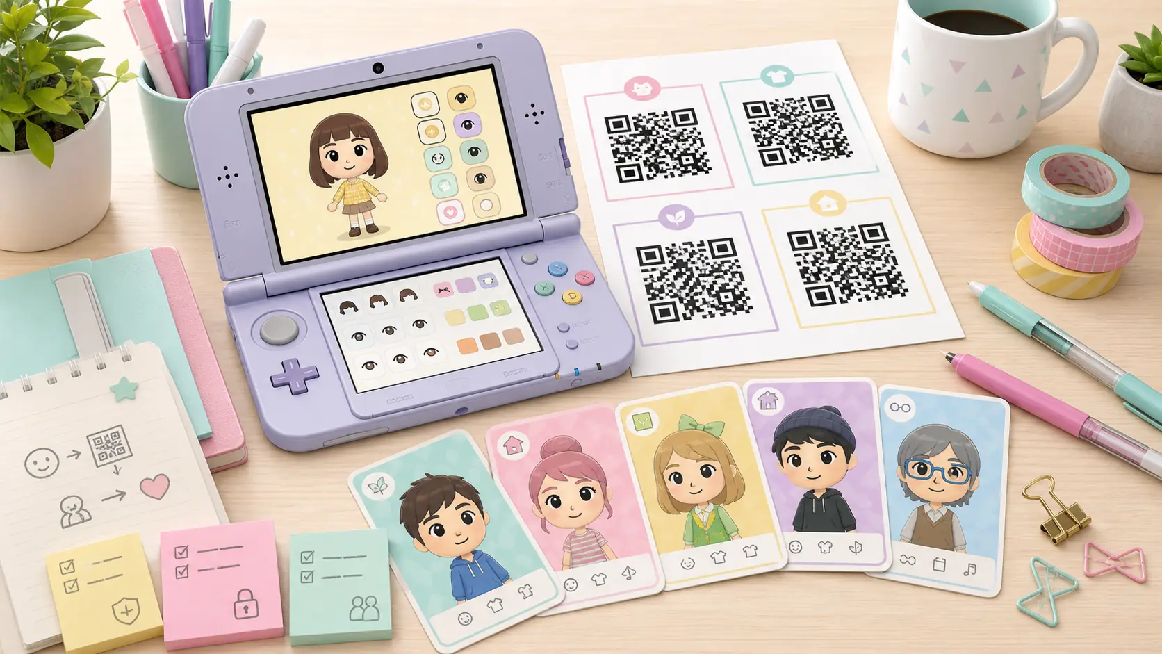 Editorial illustration of Tomodachi Life Mii QR code cards, a handheld console, and source-check notes