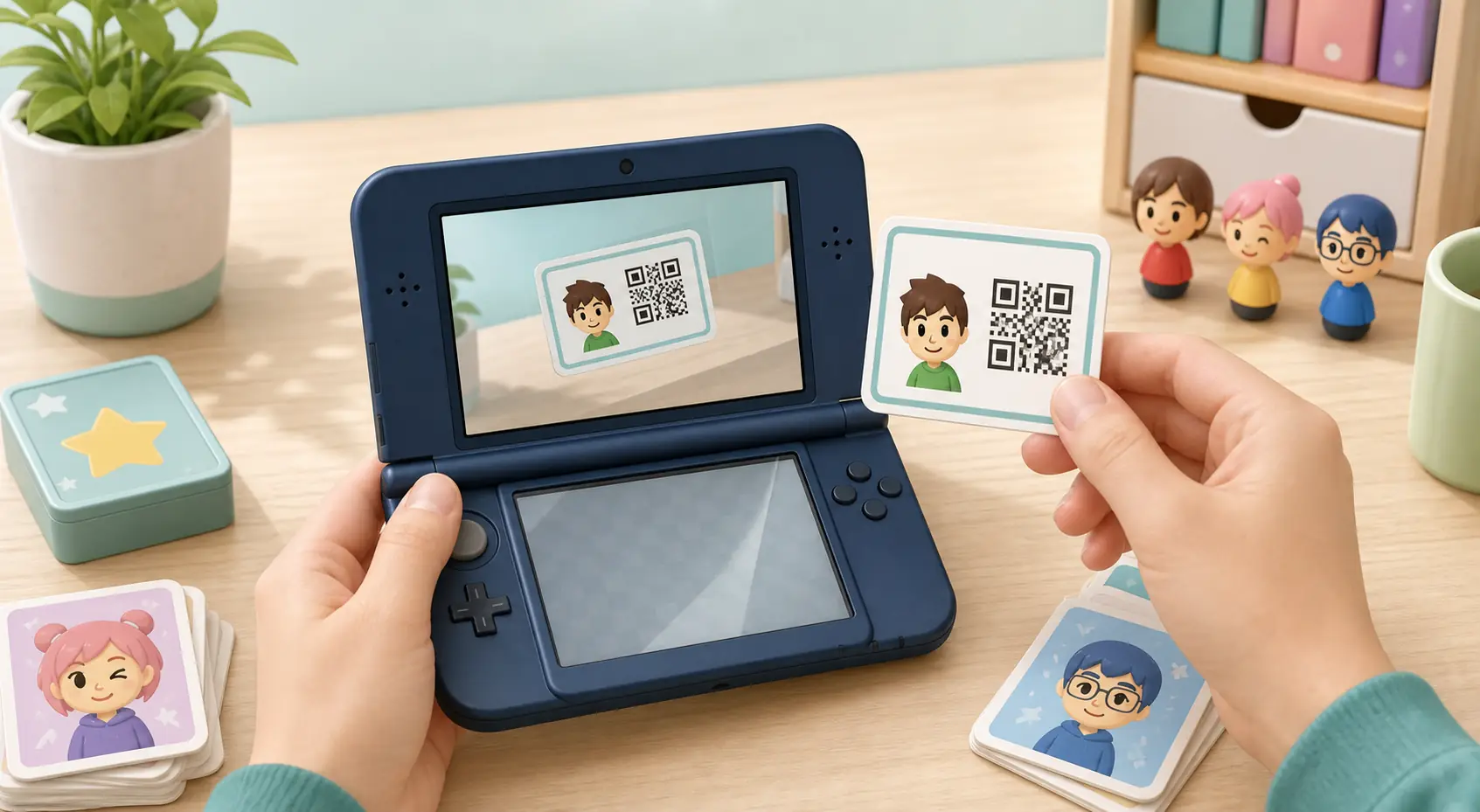 Editorial illustration of a handheld console scanning a Tomodachi Life Mii QR code card