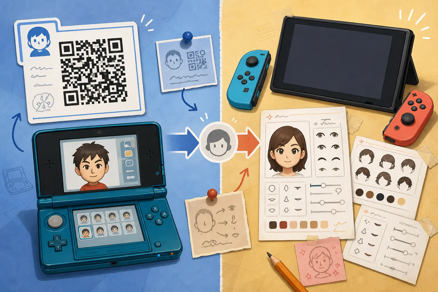 Editorial comparison of 3DS QR codes and Switch-era Mii rebuilding notes for Tomodachi Life