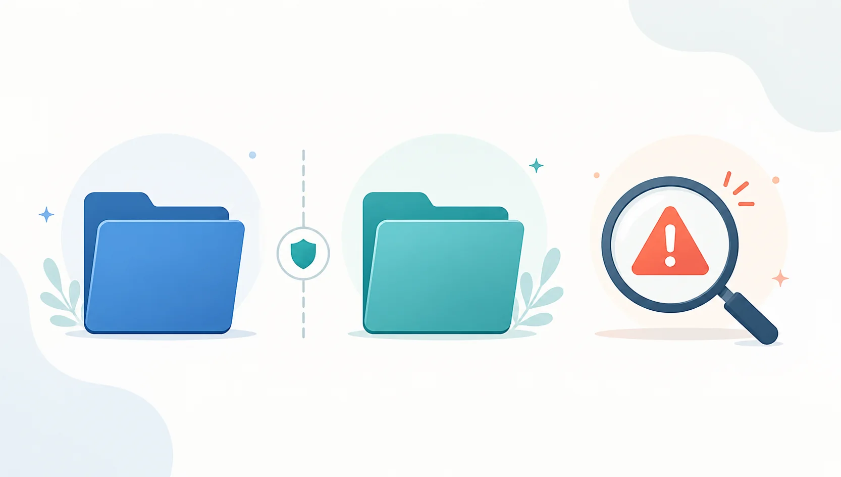 Conceptual backup safety illustration with separate folders and a warning check